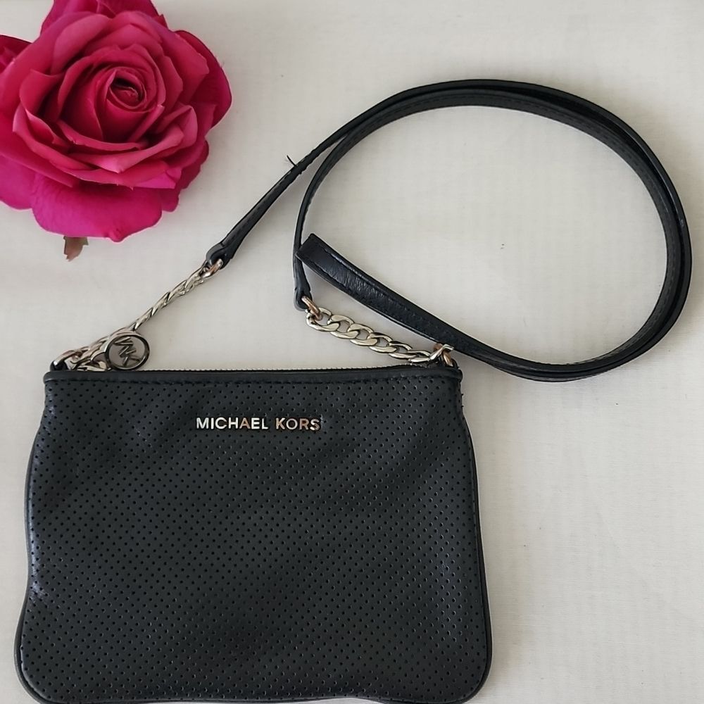Michael Kors  Black Perforated Leather Mini Crossbody Shoulder Bag Purse